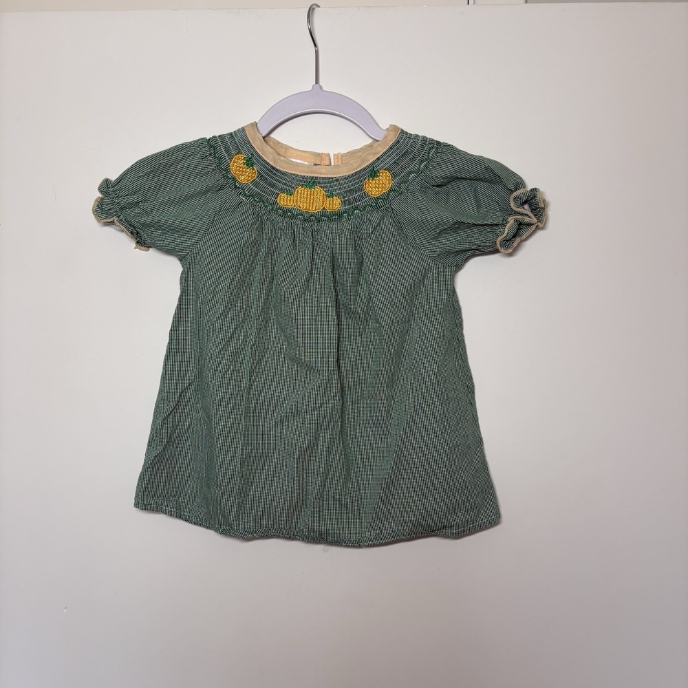 Honey Bean Classic Green Gingham Smocked Pumpkin Dress Baby Girl Size 12 Months